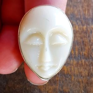New Men's Carved White Goddess Face 925 Silver Ring.